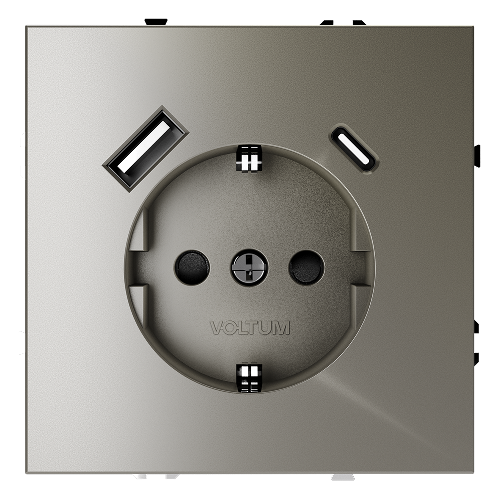 Розетка встраиваемая VOLTUM S70 с заземлением и защитными шторками, с USB, A+С, (шелк) VLS040504
