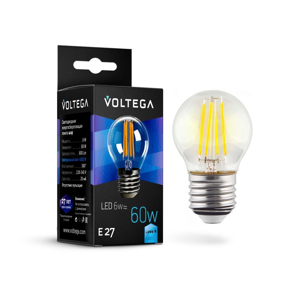 Филаментная лампа Voltega Globe E27 6W 4000K 7024