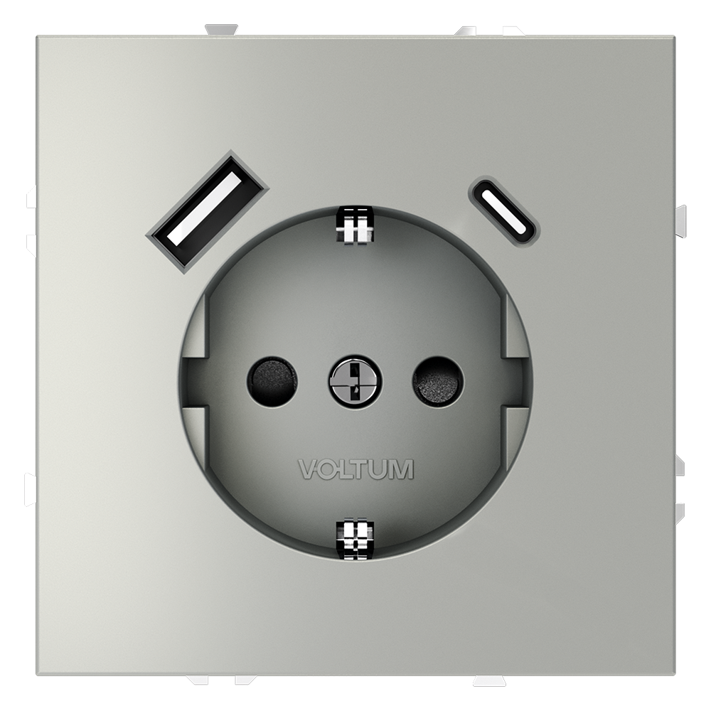 Розетка встраиваемая VOLTUM S70 с заземлением и защитными шторками, с USB, A+С, (сталь) VLS040505