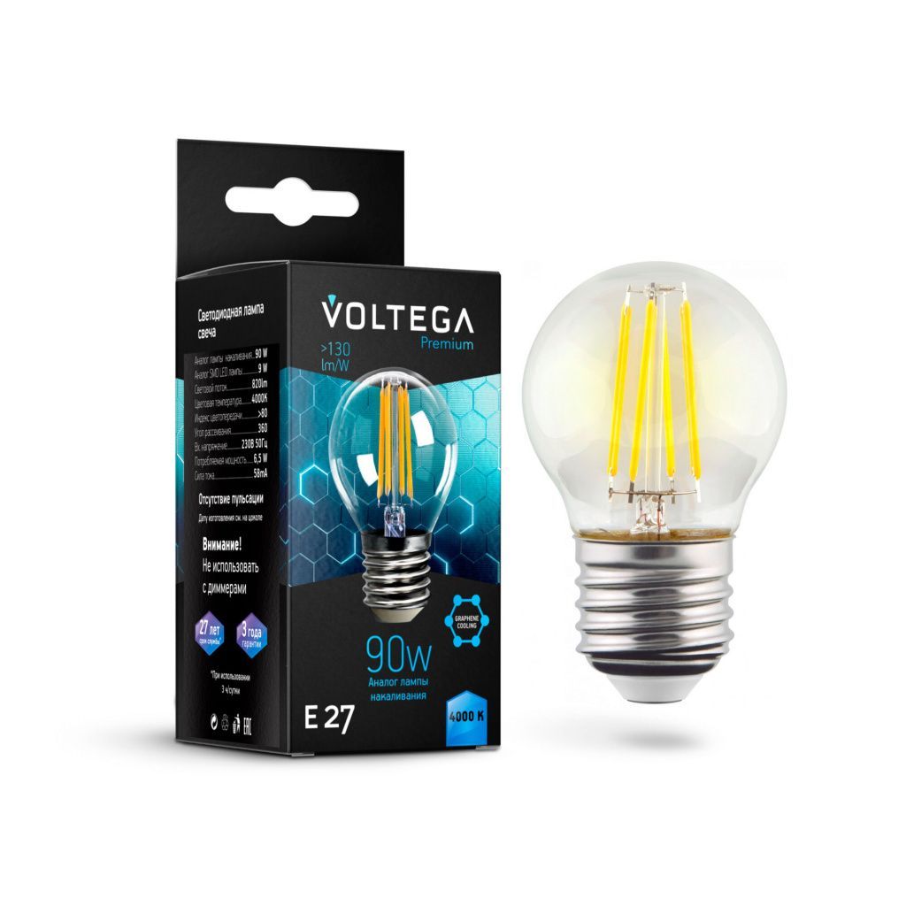 Филаментная лампа Voltega Globe E27 9W 4000K Graphene 7139