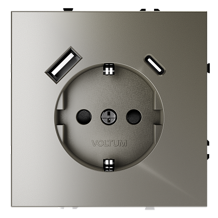 Розетка встраиваемая VOLTUM S70 с заземлением и защитными шторками, с USB, A+С, (шелк) VLS040504 Розетка встраиваемая VOLTUM S70 с заземлением и защитными шторками, с USB, A+С, (шелк) VLS040504