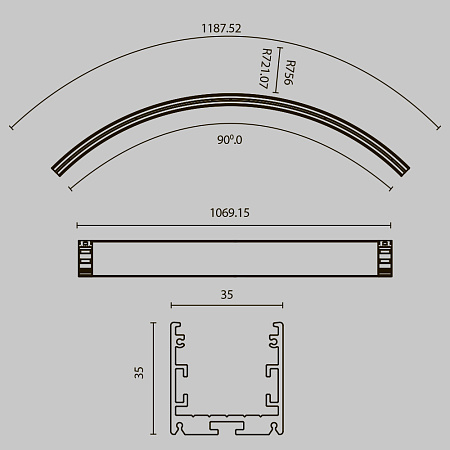 Радиусный профиль 35x35 Ø1500мм внутренний 1/4 круга Maytoni ALM-3535R-B-IN-90°-1.5M