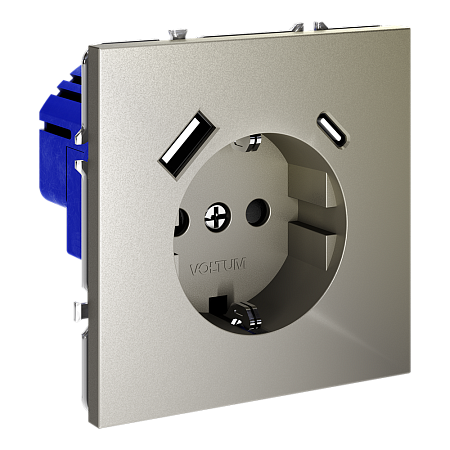 Розетка встраиваемая VOLTUM S70 с заземлением и защитными шторками, с USB, A+С, (шелк) VLS040504 Розетка встраиваемая VOLTUM S70 с заземлением и защитными шторками, с USB, A+С, (шелк) VLS040504