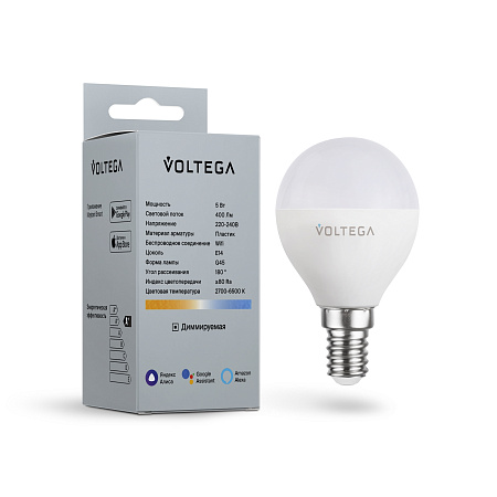 Светодиодная диммируемая лампа Wi-Fi Voltega E14 5W 2700K VG 2428 шар матовый
