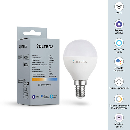 Светодиодная диммируемая лампа Wi-Fi Voltega E14 5W 2700K VG 2428 шар матовый