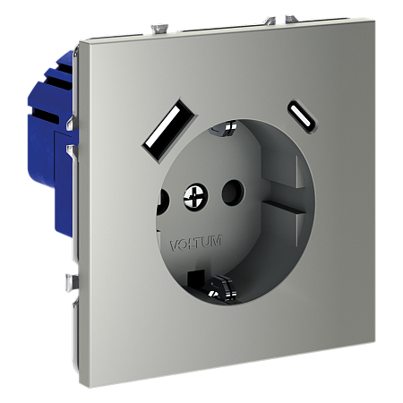 Розетка встраиваемая VOLTUM S70 с заземлением и защитными шторками, с USB, A+С, (сталь) VLS040505 Розетка встраиваемая VOLTUM S70 с заземлением и защитными шторками, с USB, A+С, (сталь) VLS040505