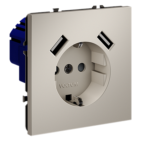 Розетка встраиваемая VOLTUM S70 с заземлением и защитными шторками, с USB, A+A, (кашемир) VLS040403