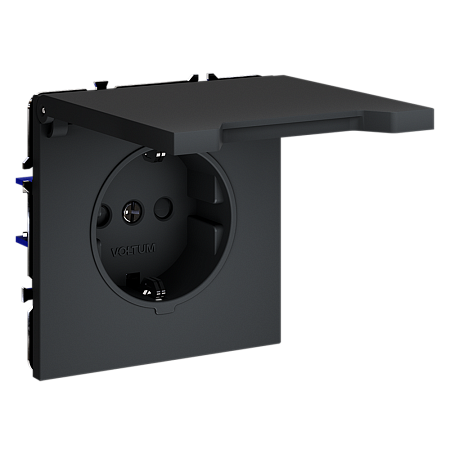 Розетка встраиваемая VOLTUM S70 с заземлением, защитными шторками и крышкой (графит) VLS040307