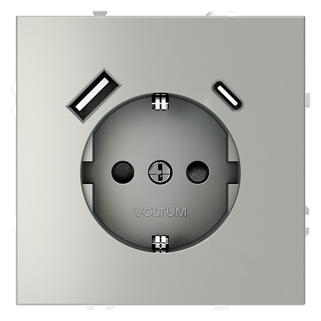 Розетка встраиваемая VOLTUM S70 с заземлением и защитными шторками, с USB, A+С, (сталь) VLS040505 Розетка встраиваемая VOLTUM S70 с заземлением и защитными шторками, с USB, A+С, (сталь) VLS040505