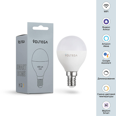 Светодиодная диммируемая лампа Wi-Fi Voltega E14 5W 2700K VG 2428 шар матовый
