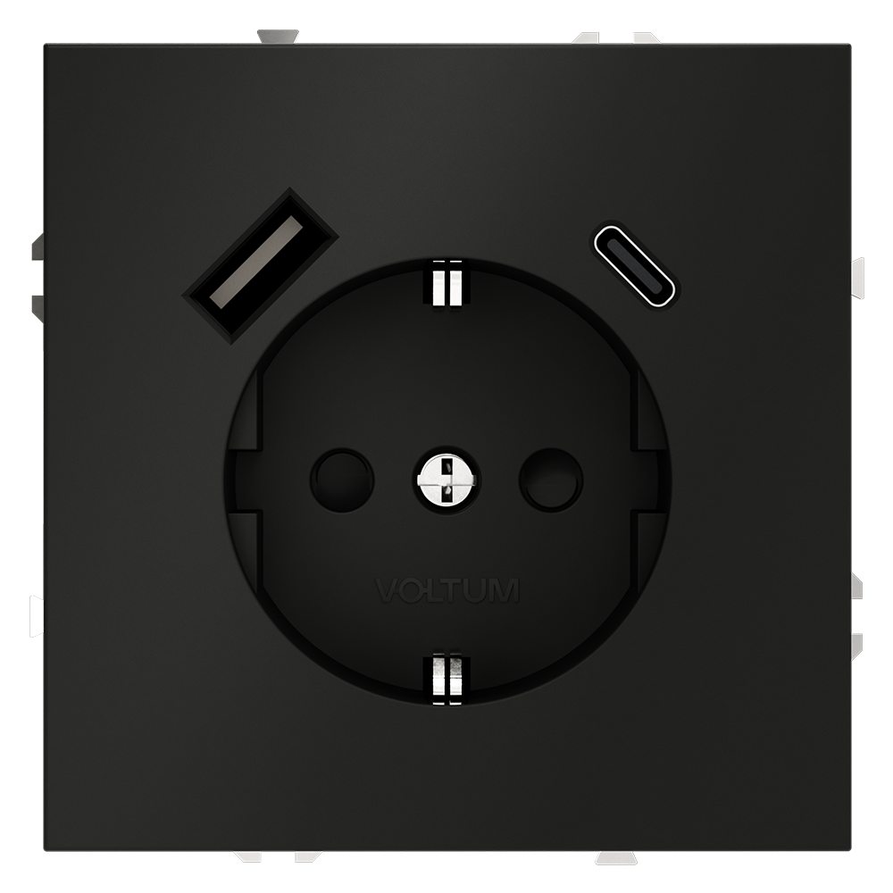 Розетка встраиваемая VOLTUM S70 с заземлением и защитными шторками, с USB, A+С, (черный матовый) VLS040508