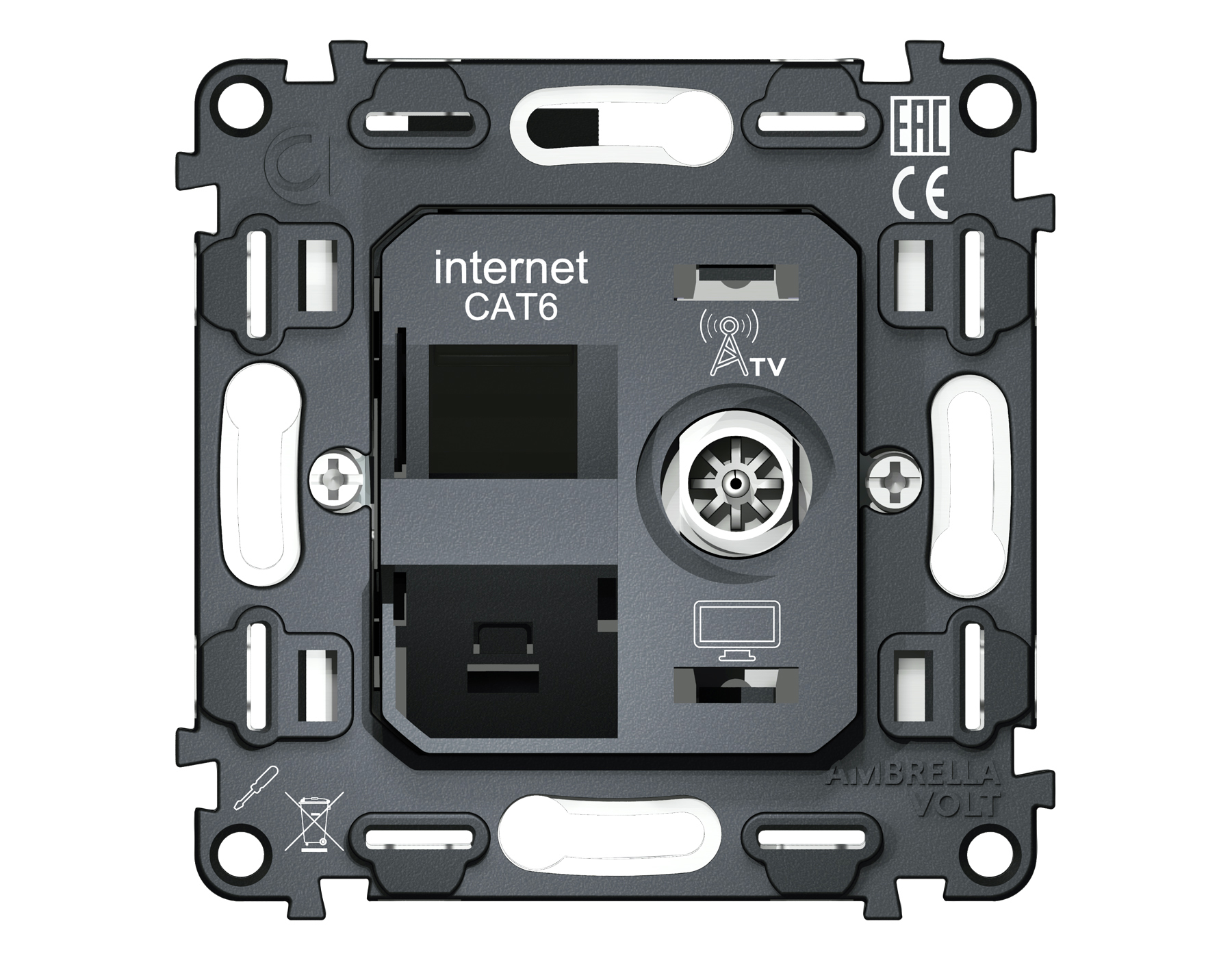 Механизм розетки компьютерной + TV оконечной RJ-45 (8P8C) CAT6 1000 Base-T/50-870 MHz 1dB с автоматической защитной шторкой VM VM195