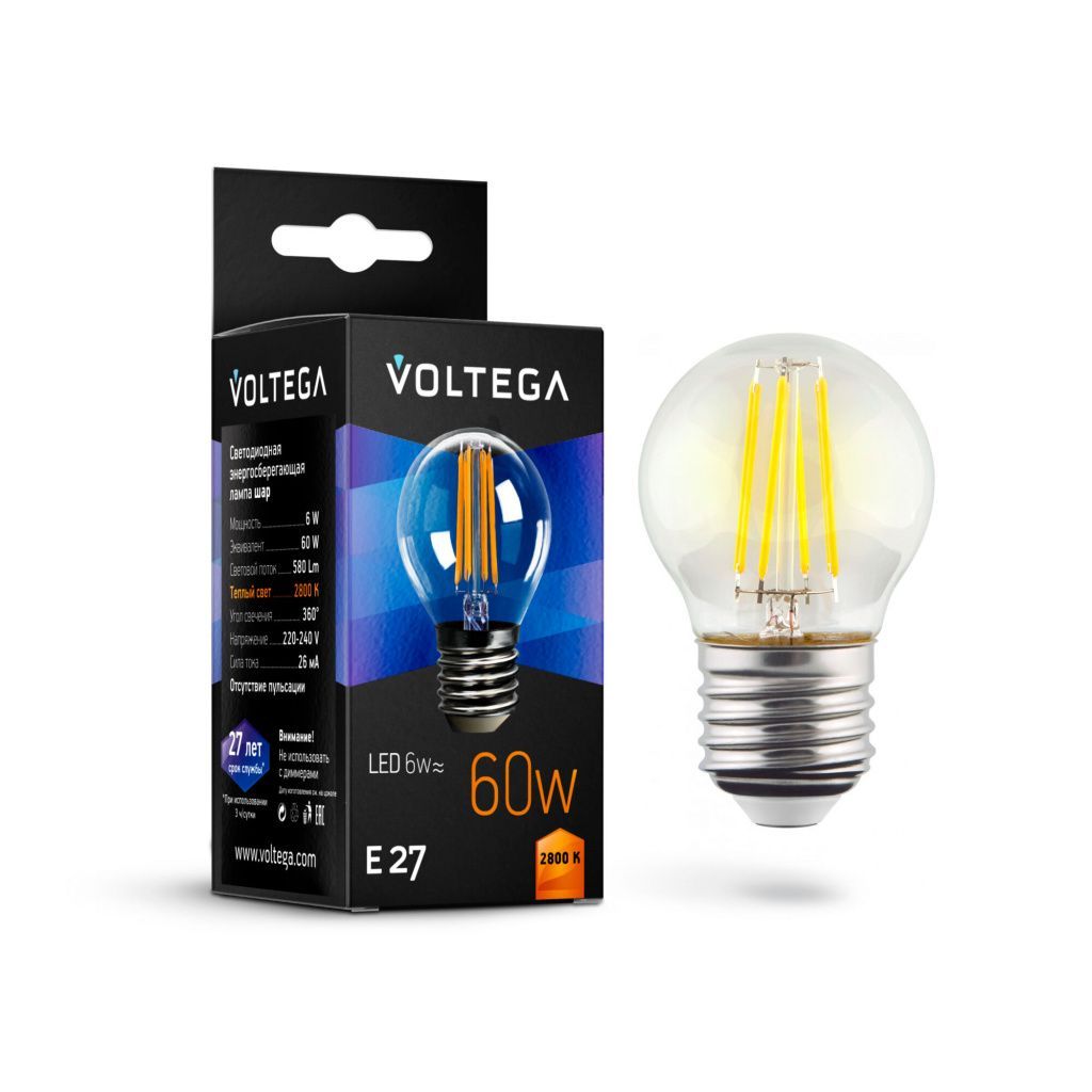Филаментная лампа Voltega Globe E27 6W 2800K 7023