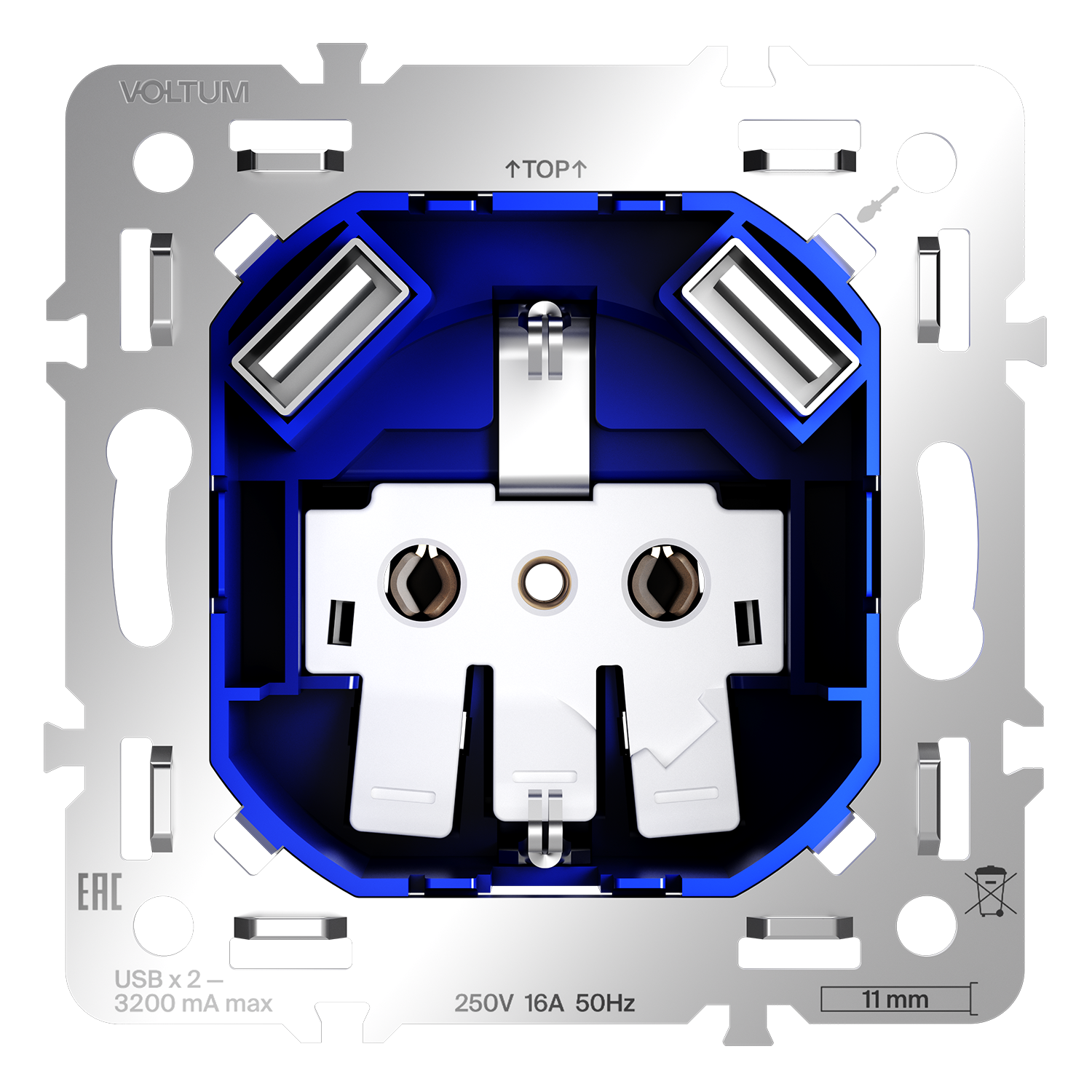 Механизм розетки с заземлением и защитными шторками 16А, с USB A+A Voltum S70 VLS0404M