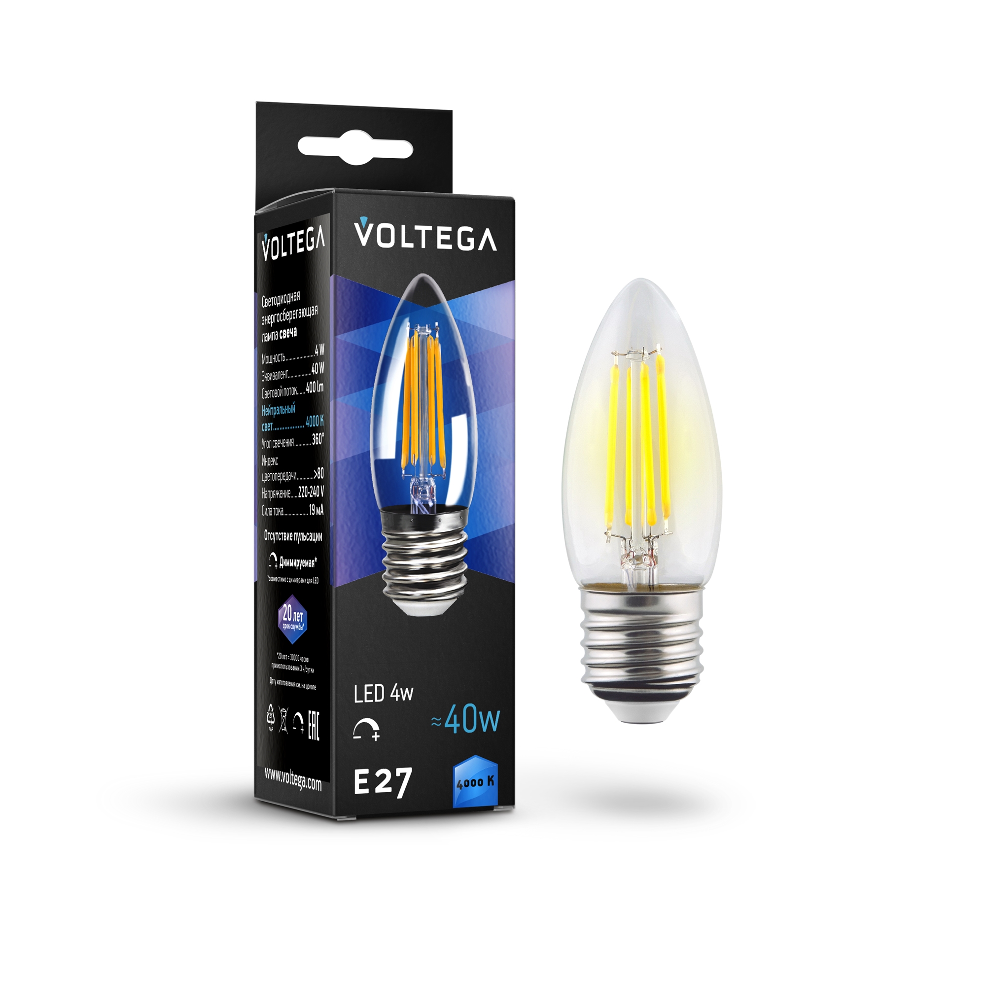 Светодиодная диммируемая лампа E27 5W 4000K DIM Voltega Crystal Candle 8463